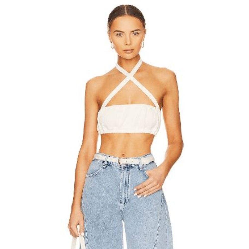 NWT‎ WeWoreWhat Tie Halter Bra Top Women's M Cream Ribbed Bandeau Crisscross